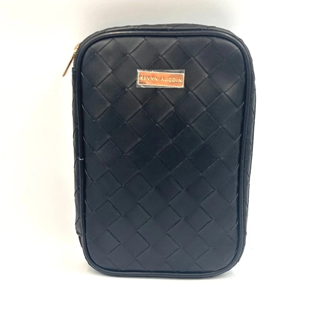 Kevyn Aucoin Woven Makeup Bag Black Faux Leather Travel Case Gold Hardware NEW